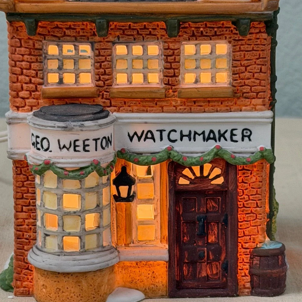 Vintage Lighted Christmas Village House Porcelain Watchmaker w Box & Cord Decor